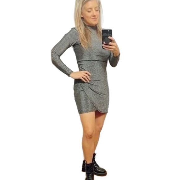 BCX Metallic Ruched Tulip Hem Long Sleeve Dress/Lots of Stretch (Size: XS) - Picture 2 of 14